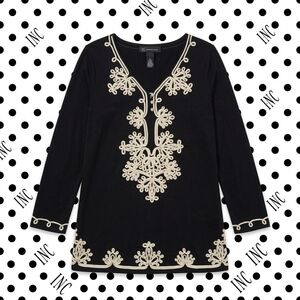​INC International Concepts Black & Cream Embroidered Boho Tunic Top